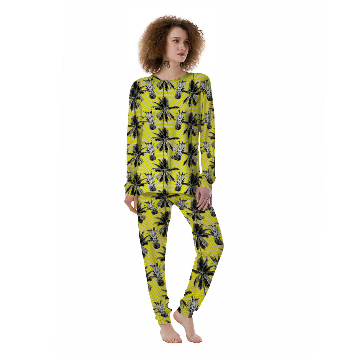 Tree Palm Yellow Print Pattern Women's Pajamas-grizzshop