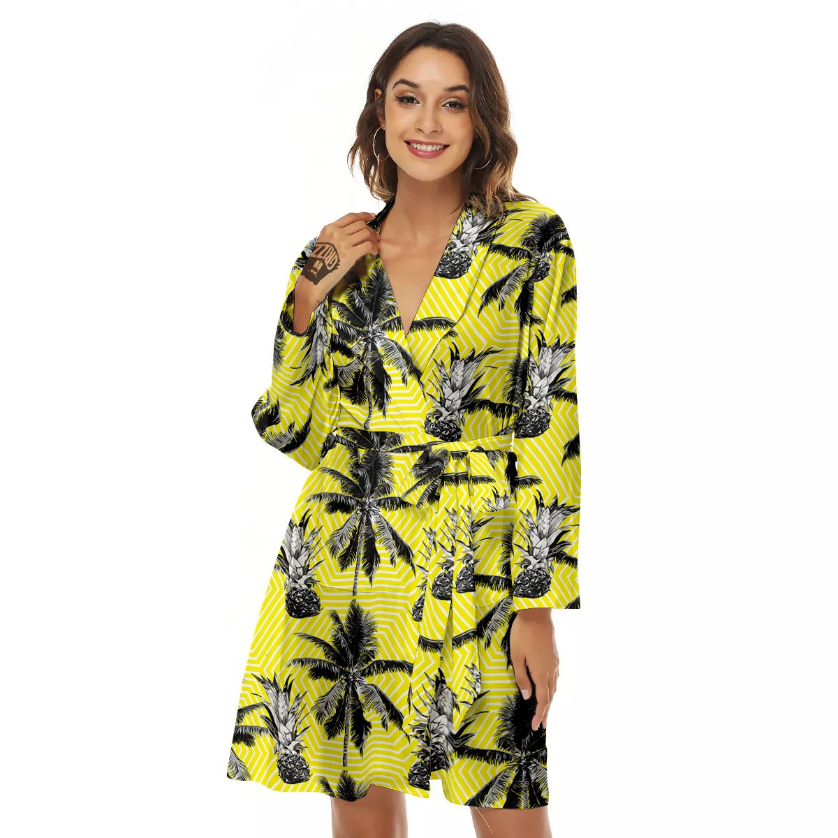 Tree Palm Yellow Print Pattern Women's Robe-grizzshop