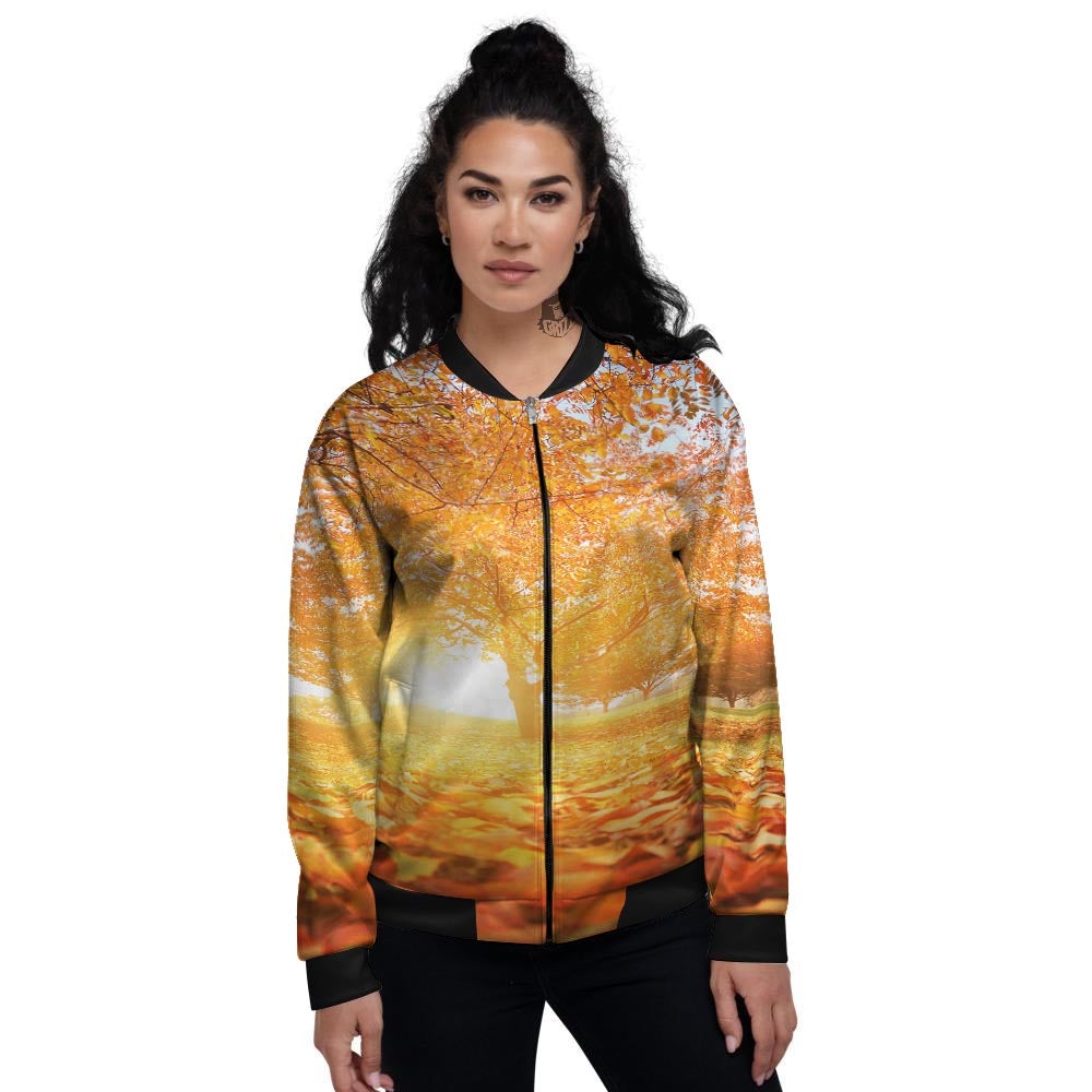 Tree Sunshine Autumn Print Women's Bomber Jacket-grizzshop