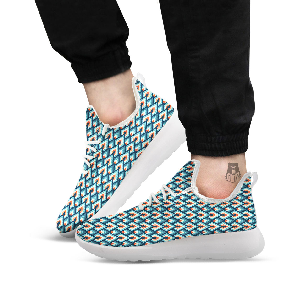 Triangle Blue Geometric Print Pattern White Athletic Shoes-grizzshop