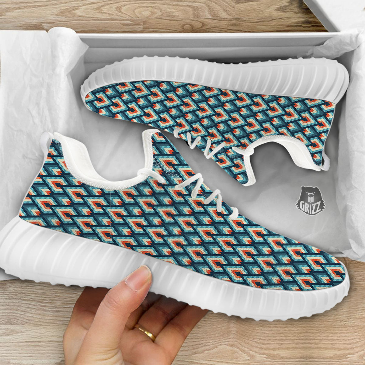 Triangle Blue Geometric Print Pattern White Walking Shoes-grizzshop