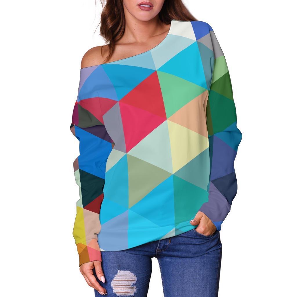 Triangle Colorful Pattern Print Women Off Shoulder Sweatshirt-grizzshop