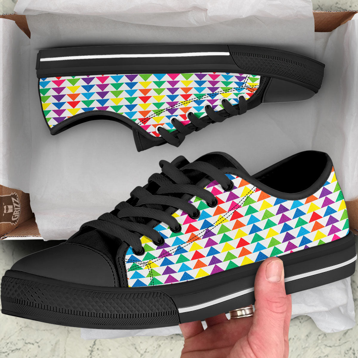 Triangles Rainbow Print Pattern Black Low Top Shoes-grizzshop