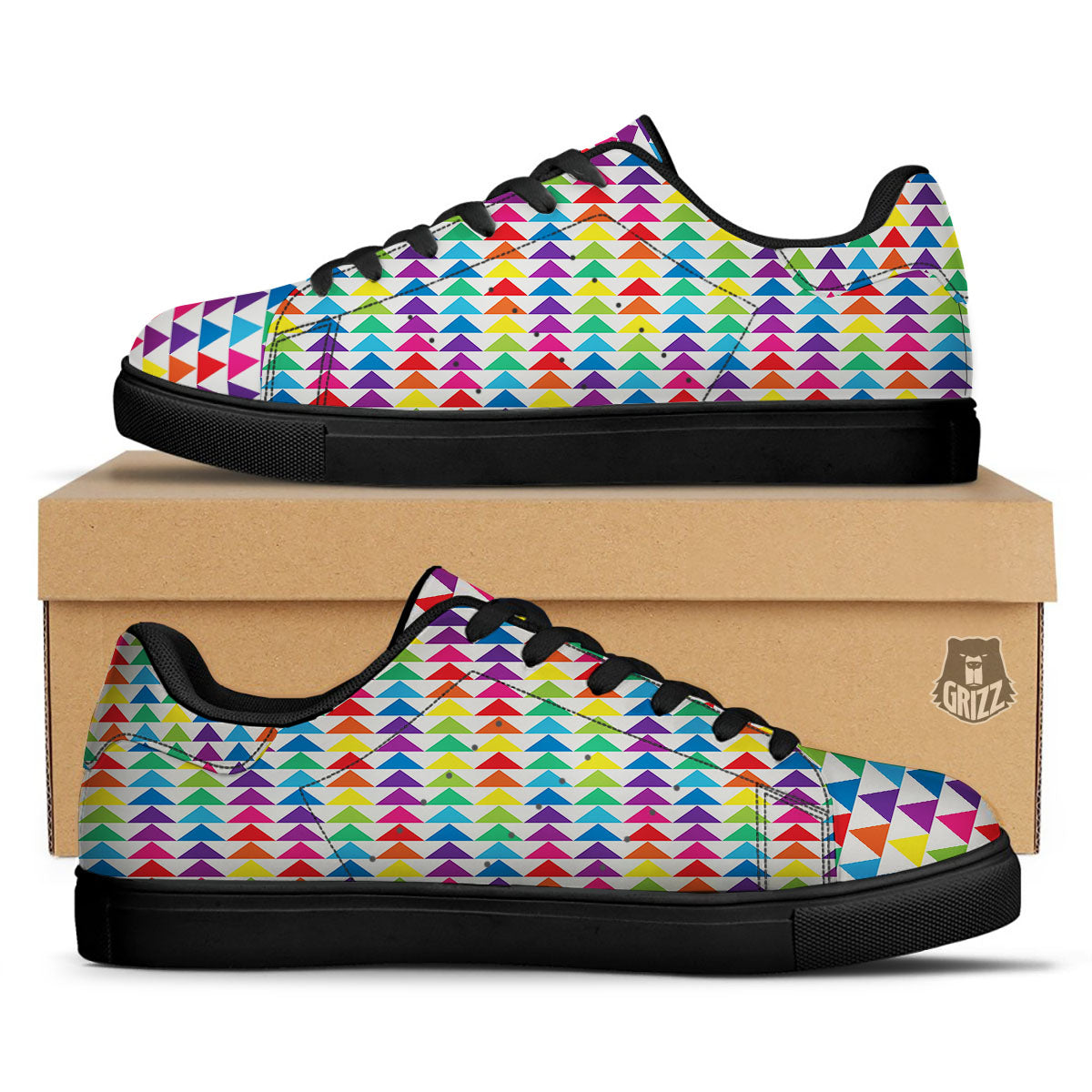 Triangles Rainbow Print Pattern Black Low Top Sneakers-grizzshop