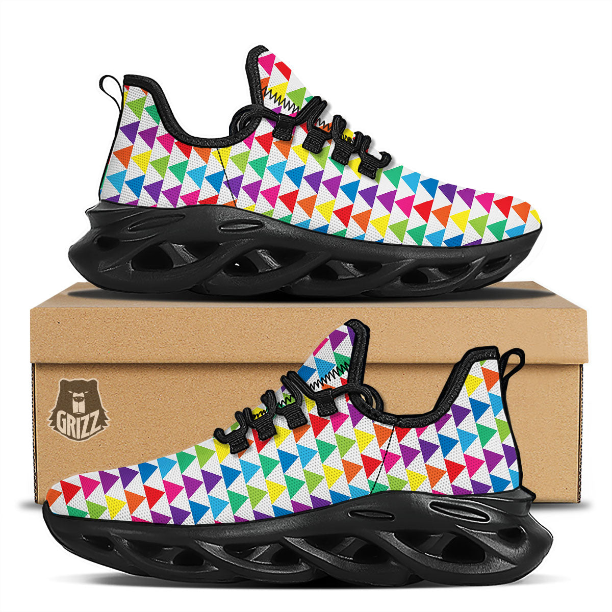 Triangles Rainbow Print Pattern Black Running Shoes-grizzshop
