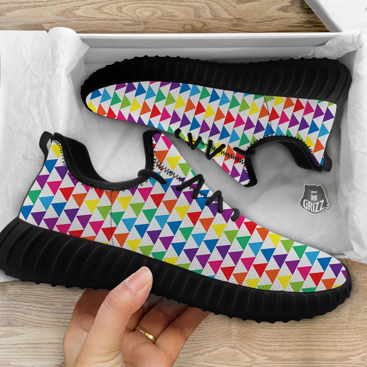 Triangles Rainbow Print Pattern Black Walking Shoes-grizzshop