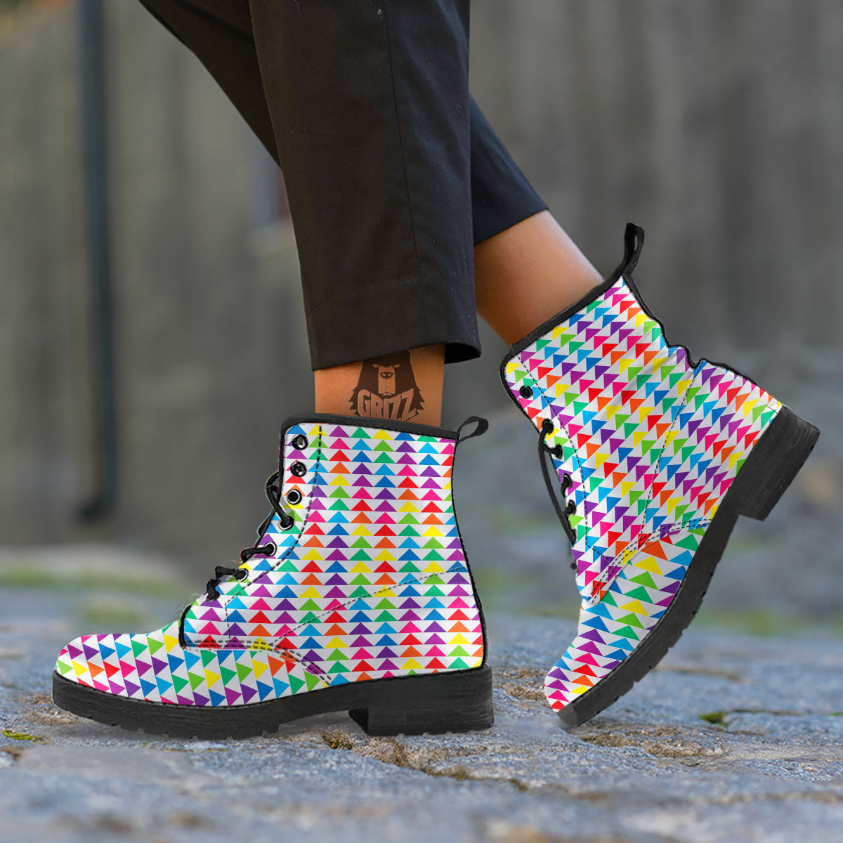 Triangles Rainbow Print Pattern Leather Boots-grizzshop