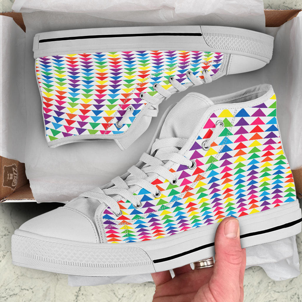 Triangles Rainbow Print Pattern White High Top Shoes-grizzshop