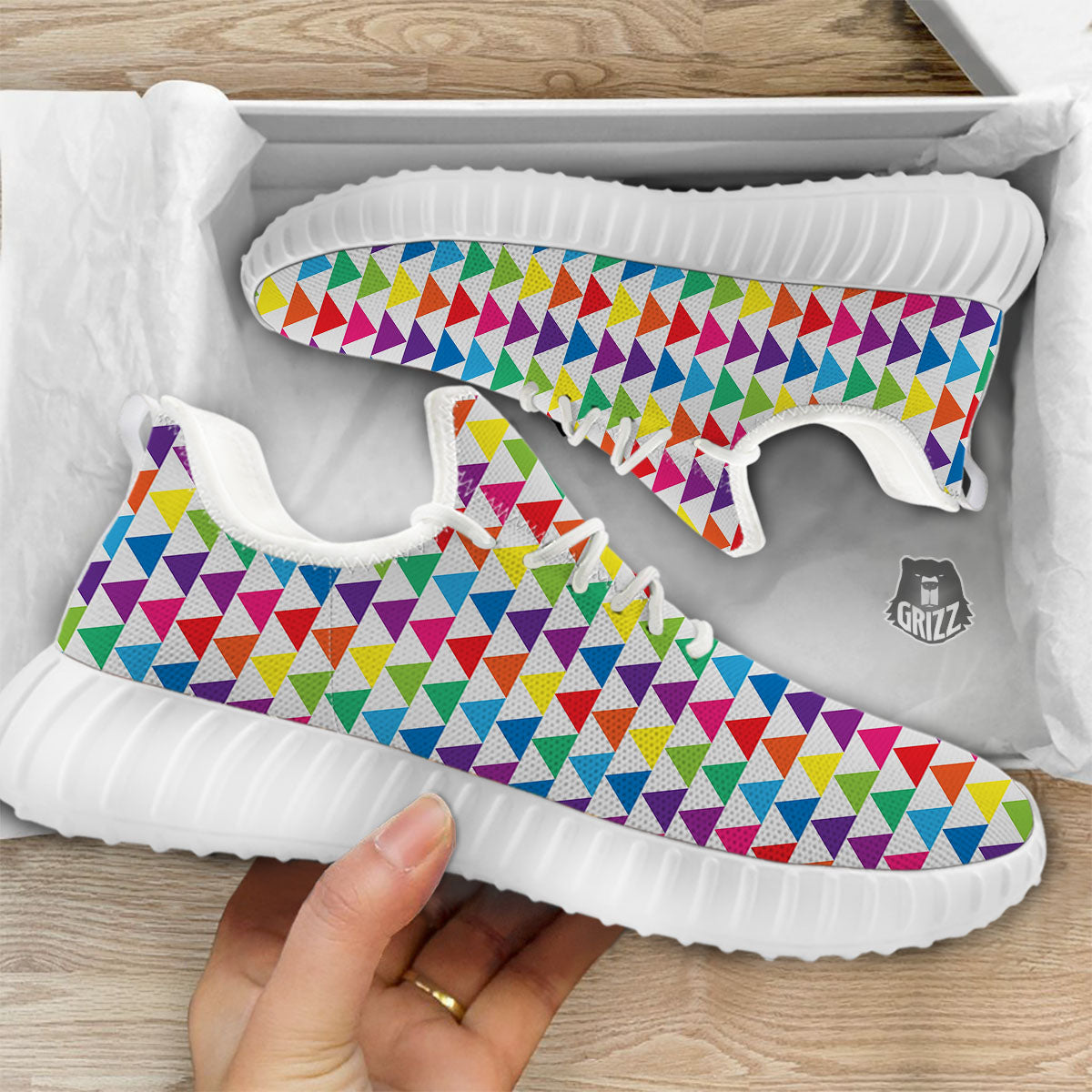 Triangles Rainbow Print Pattern White Walking Shoes-grizzshop