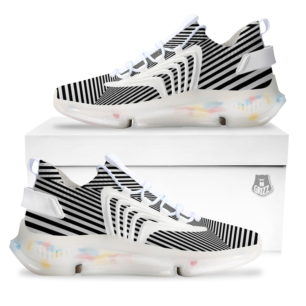 TriangularTunnel Black And White Print White Gym Shoes-grizzshop