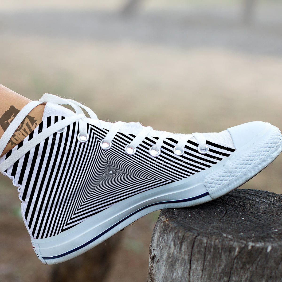 TriangularTunnel Black And White Print White High Top Shoes-grizzshop