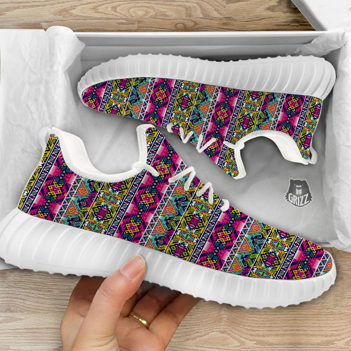 Tribal Aztec Colorful Print Pattern White Walking Shoes-grizzshop