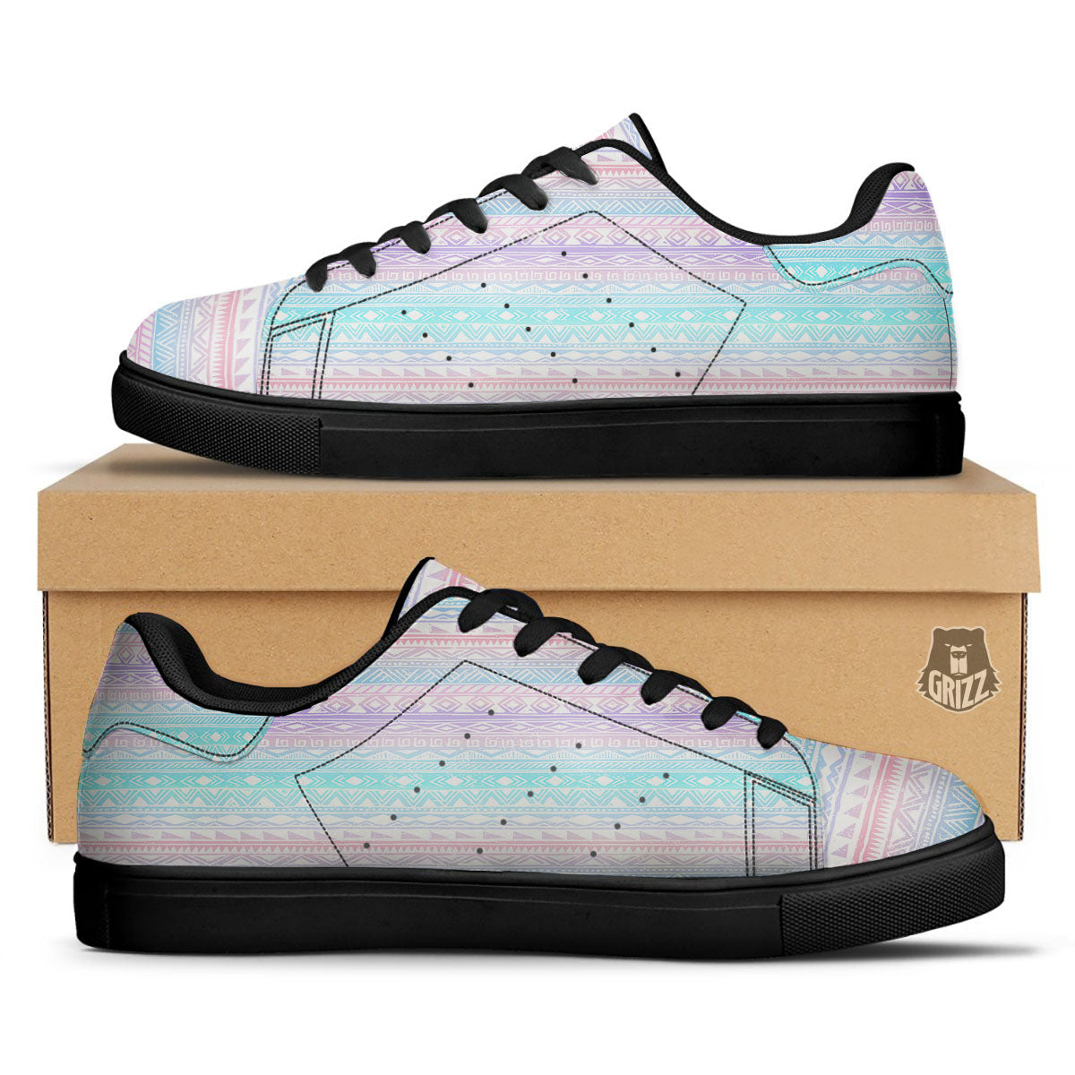 Tribal Aztec Pastel Print Pattern Black Low Top Sneakers-grizzshop