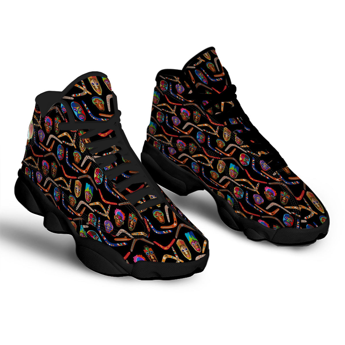 Tribal Boomerangs Print Pattern Black Basketball Shoes-grizzshop