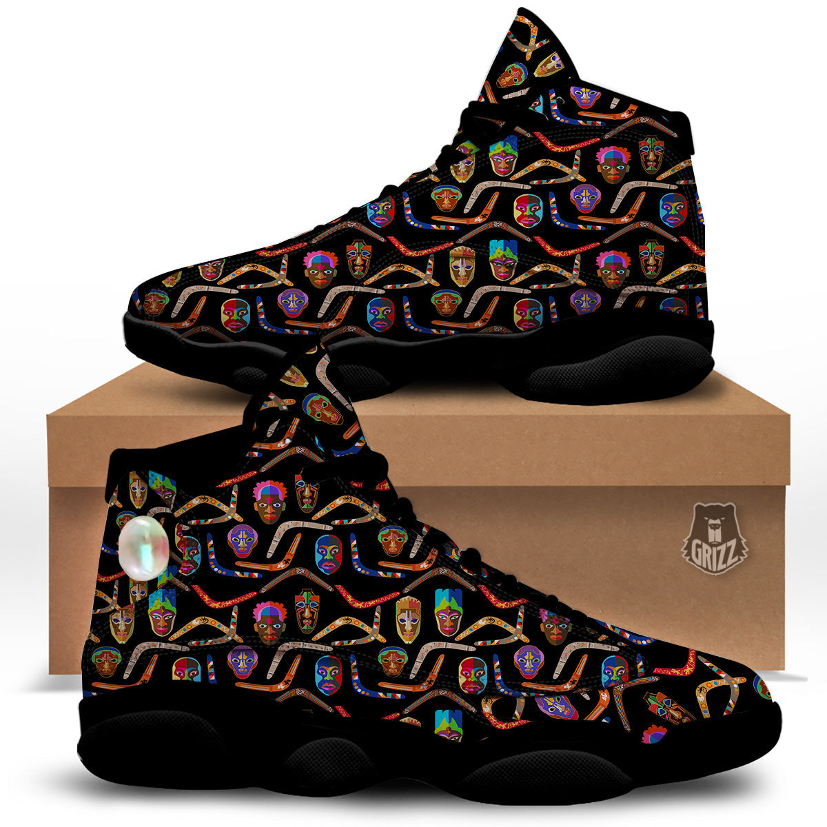 Tribal Boomerangs Print Pattern Black Basketball Shoes-grizzshop