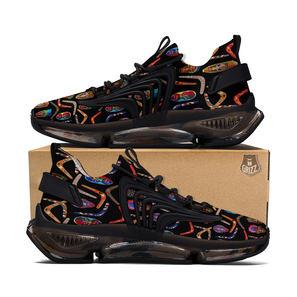 Tribal Boomerangs Print Pattern Black Gym Shoes-grizzshop
