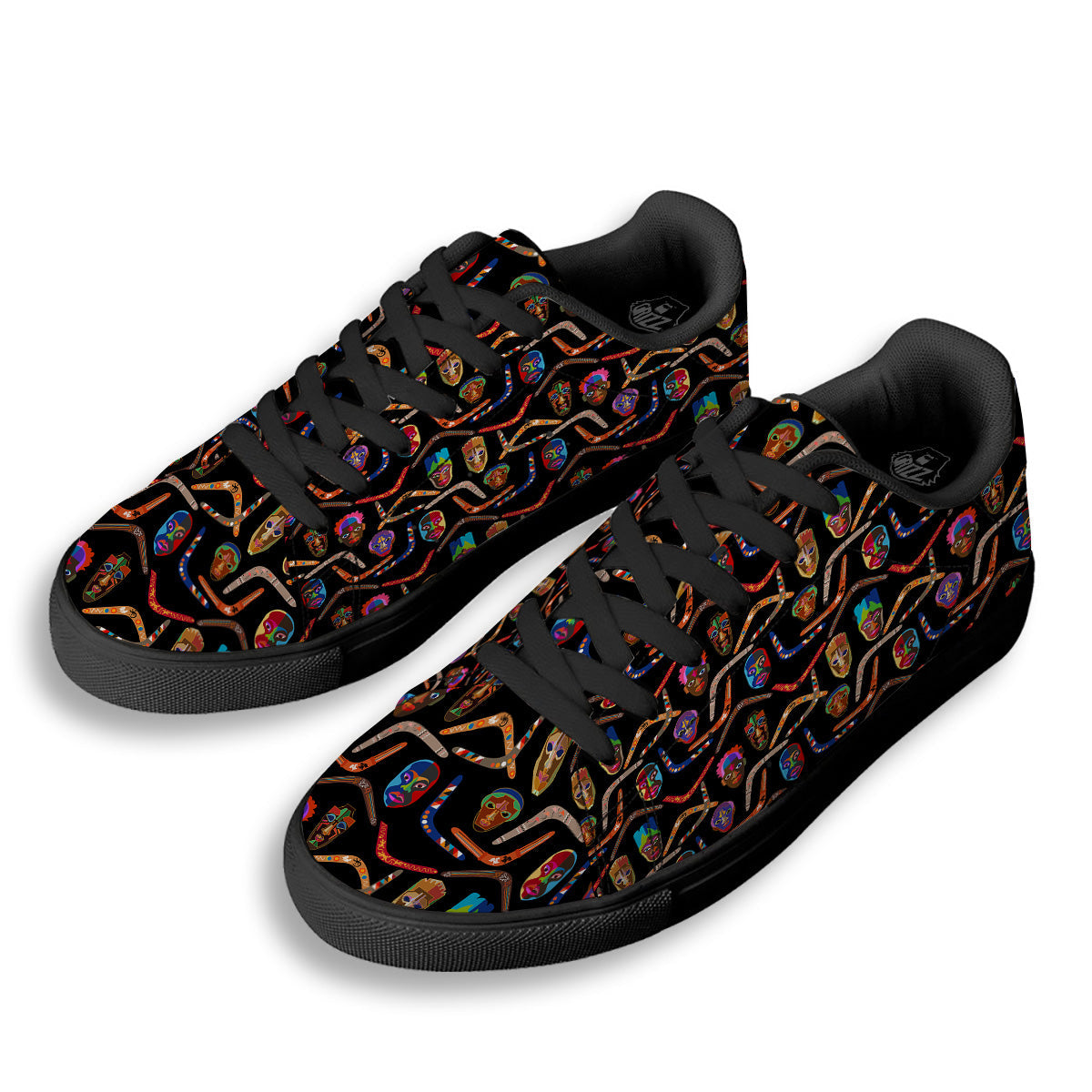 Tribal Boomerangs Print Pattern Black Low Top Sneakers-grizzshop