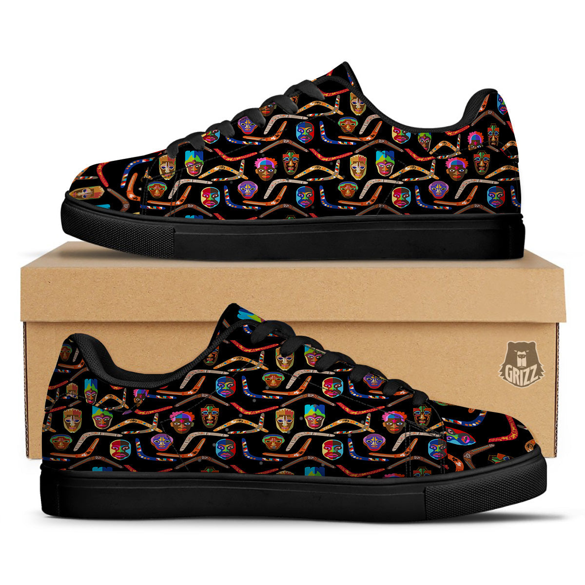 Tribal Boomerangs Print Pattern Black Low Top Sneakers-grizzshop