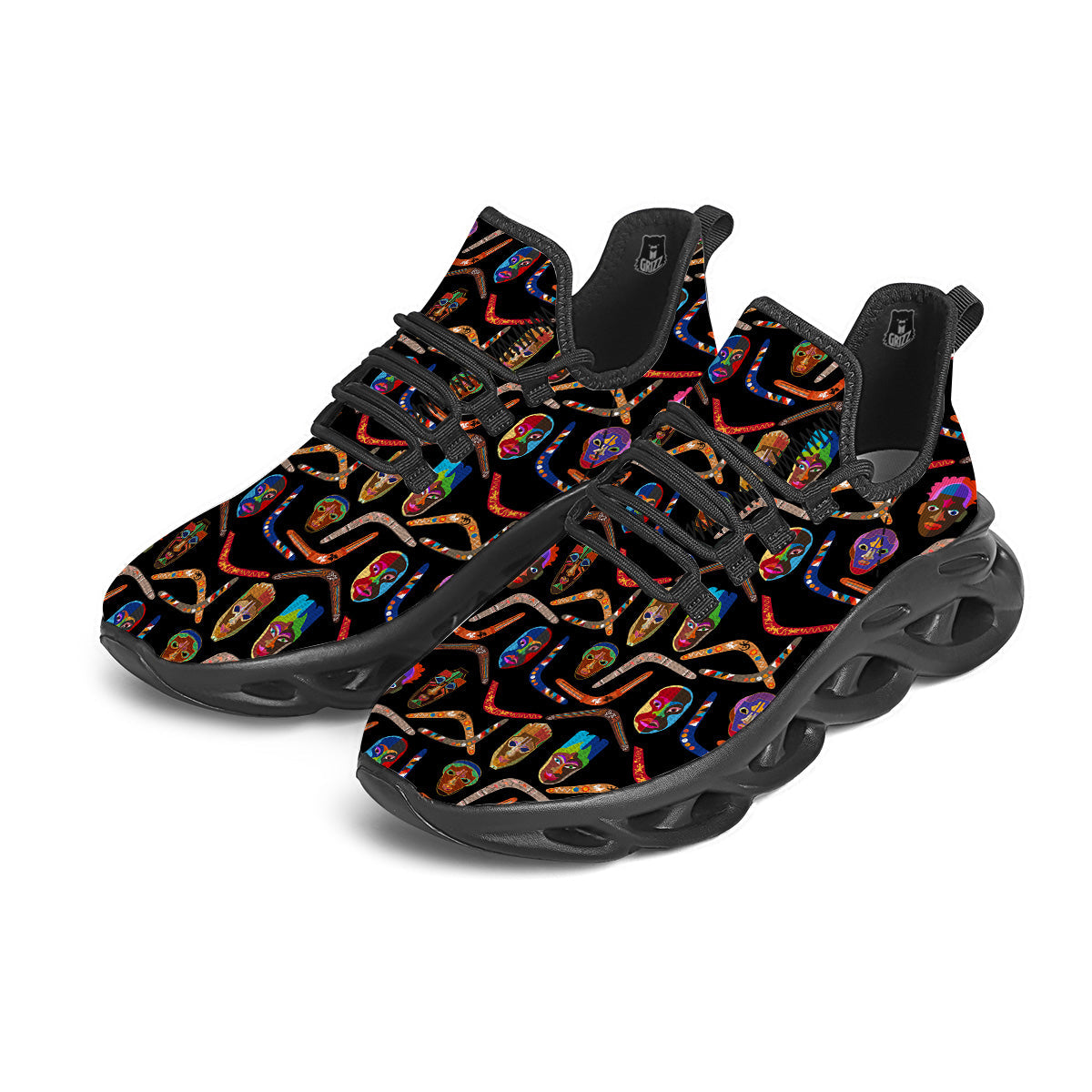 Tribal Boomerangs Print Pattern Black Running Shoes-grizzshop