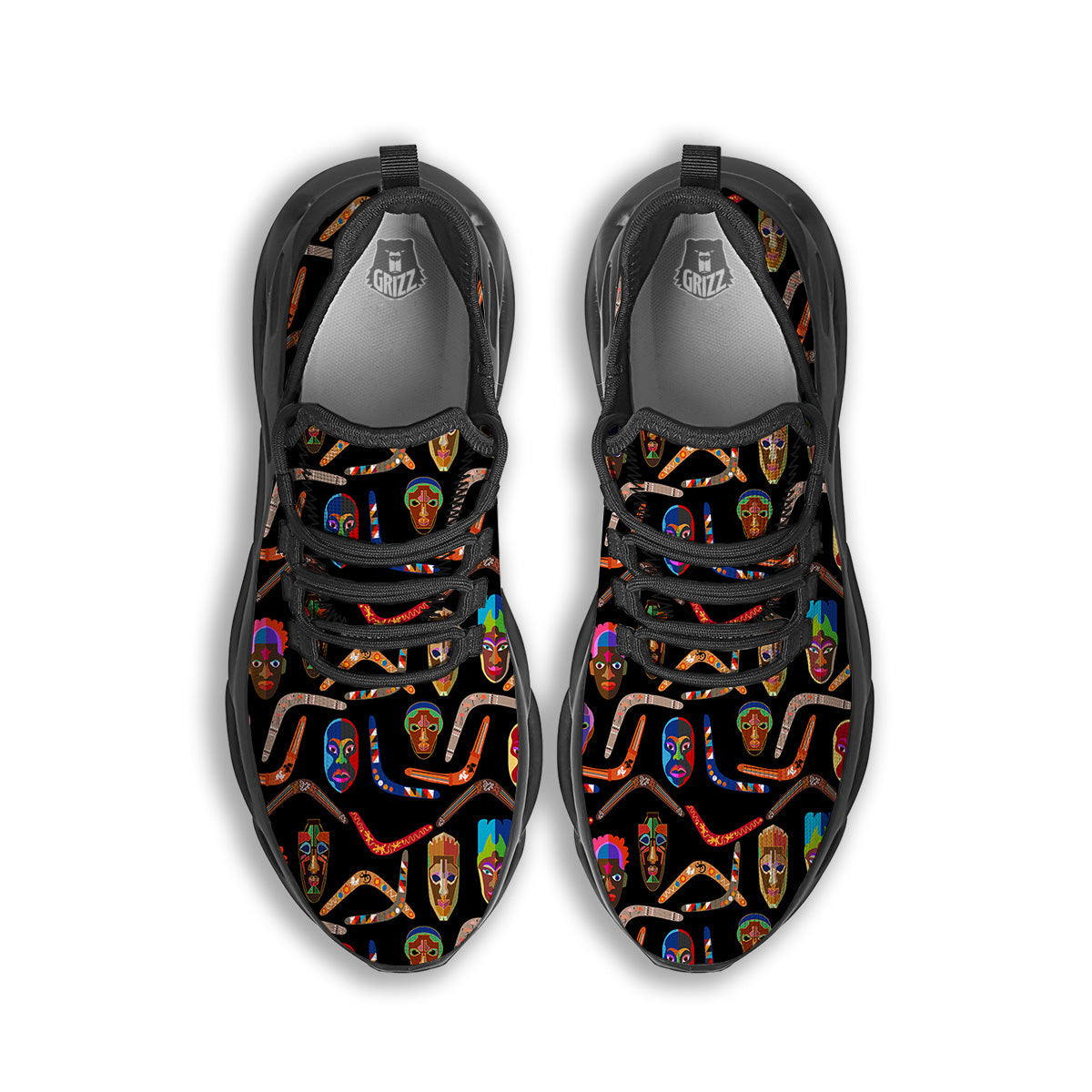 Tribal Boomerangs Print Pattern Black Running Shoes-grizzshop