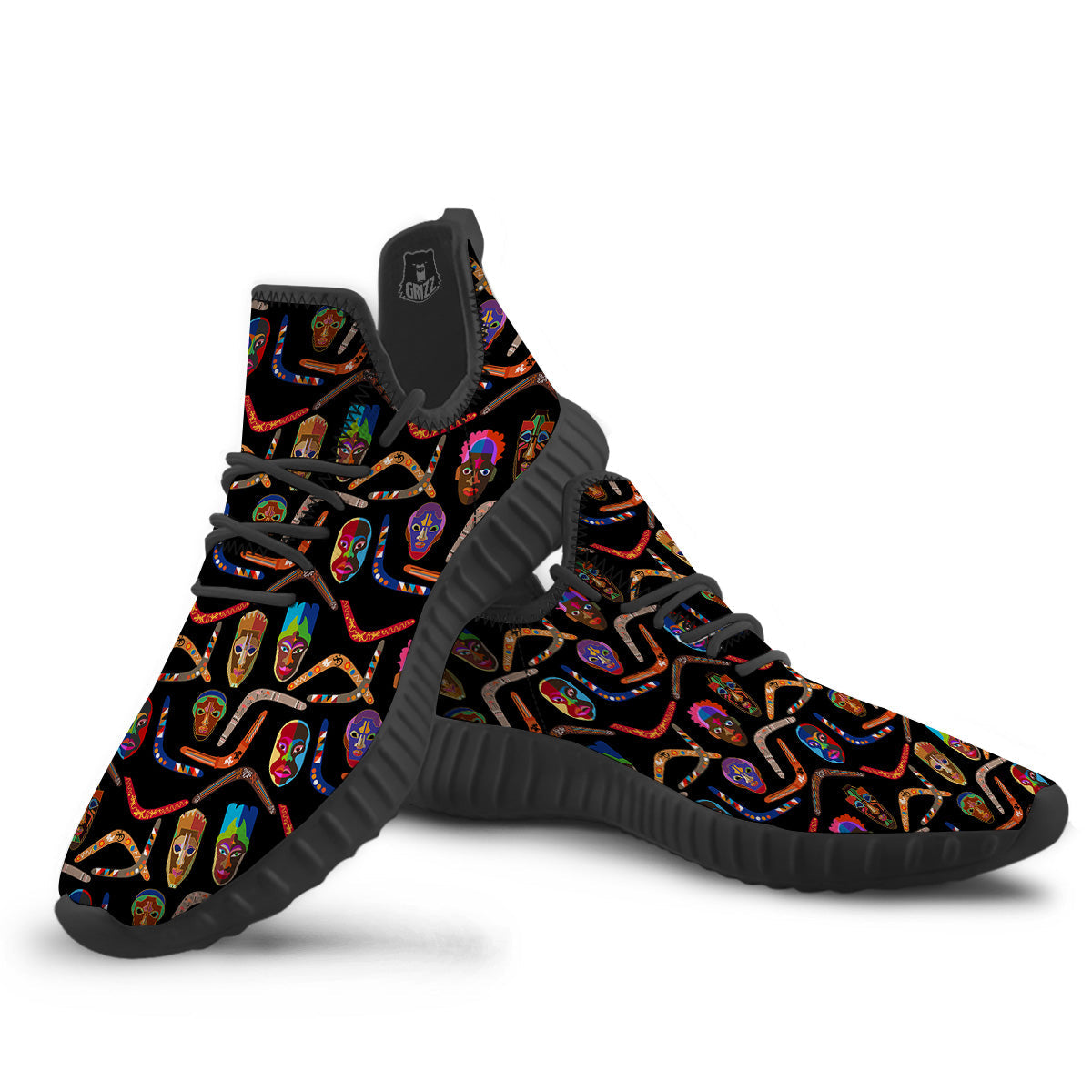 Tribal Boomerangs Print Pattern Black Walking Shoes-grizzshop
