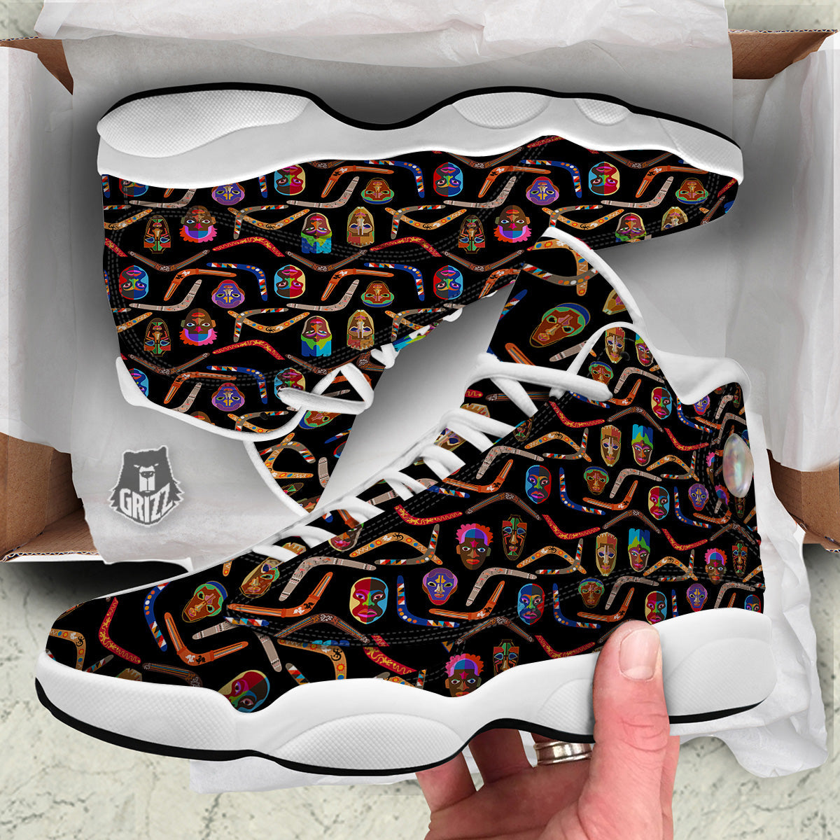 Tribal Boomerangs Print Pattern White Basketball Shoes-grizzshop