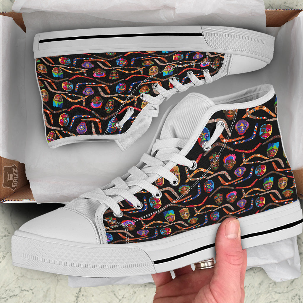 Tribal Boomerangs Print Pattern White High Top Shoes-grizzshop