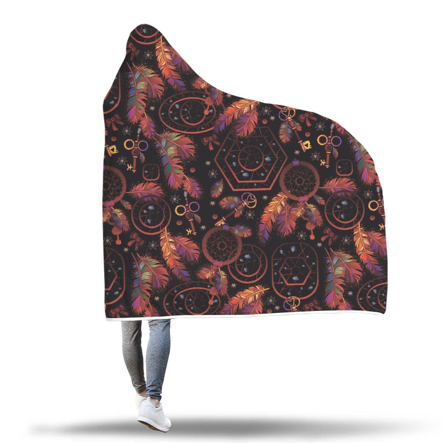 Tribal Dream Catcher Feather Pattern Print Hooded Blanket-grizzshop