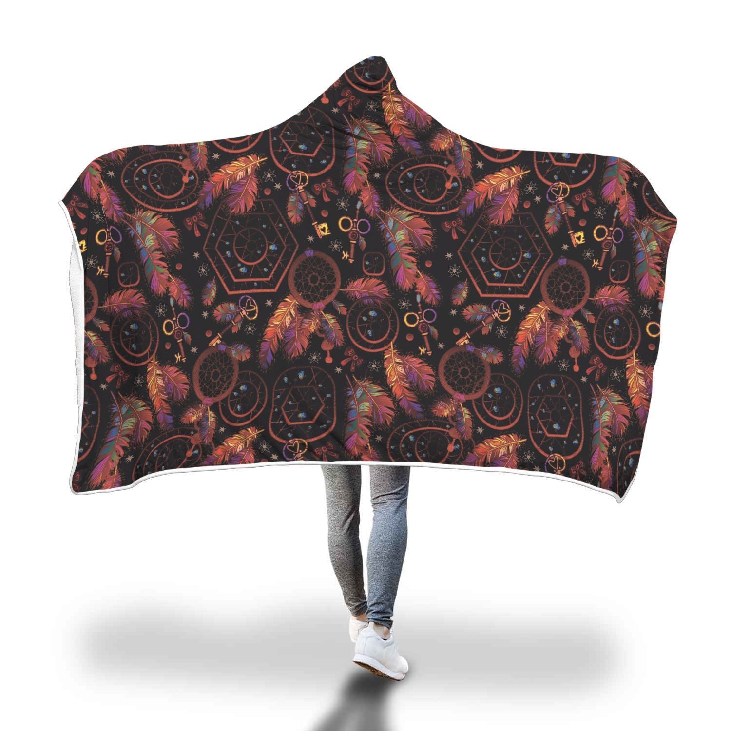 Tribal Dream Catcher Feather Pattern Print Hooded Blanket-grizzshop