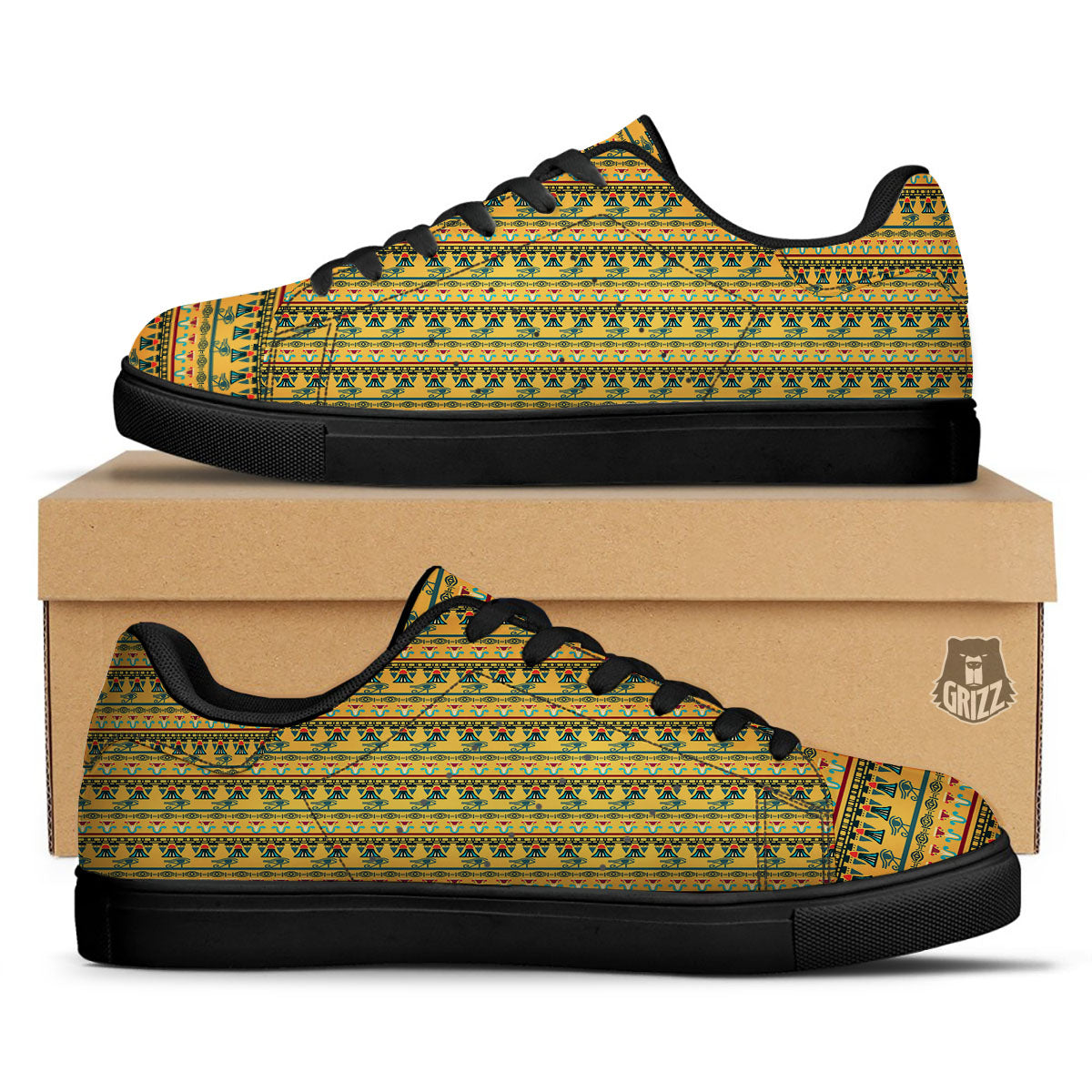 Tribal Egyptian Print Pattern Black Low Top Sneakers-grizzshop