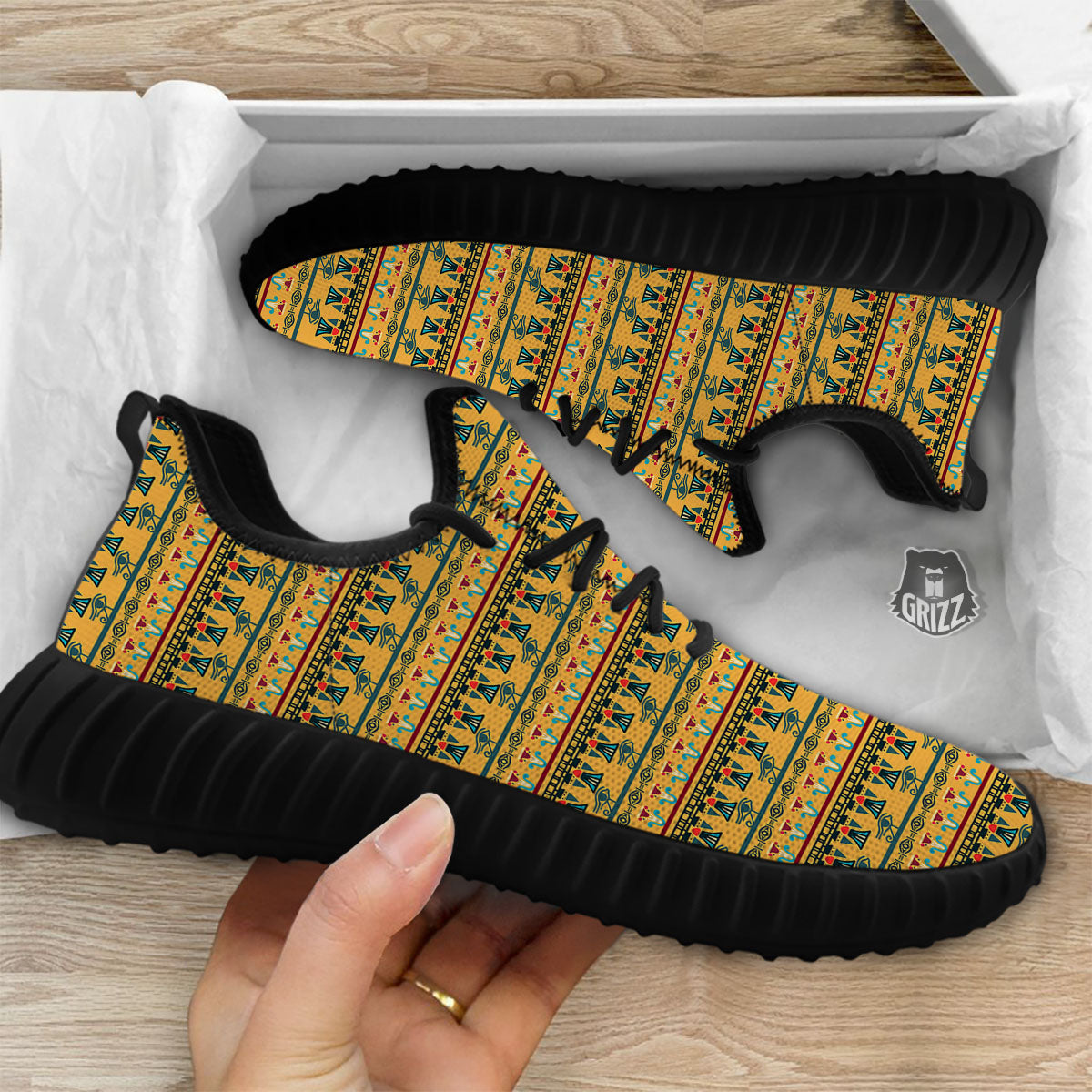 Tribal Egyptian Print Pattern Black Walking Shoes-grizzshop