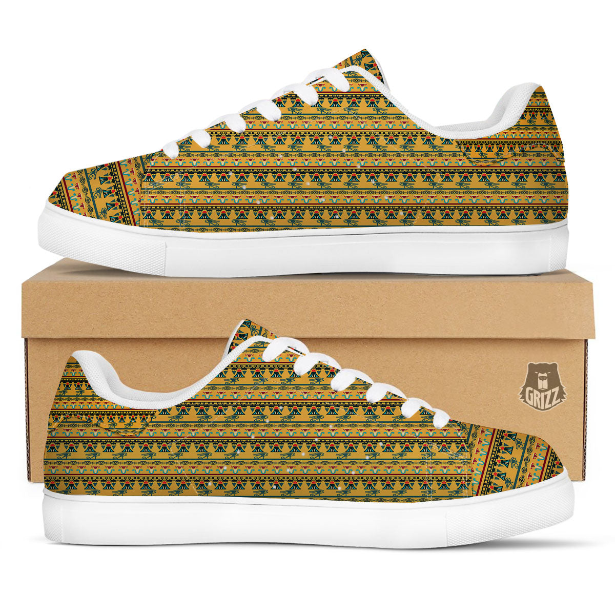 Tribal Egyptian Print Pattern White Low Top Sneakers-grizzshop