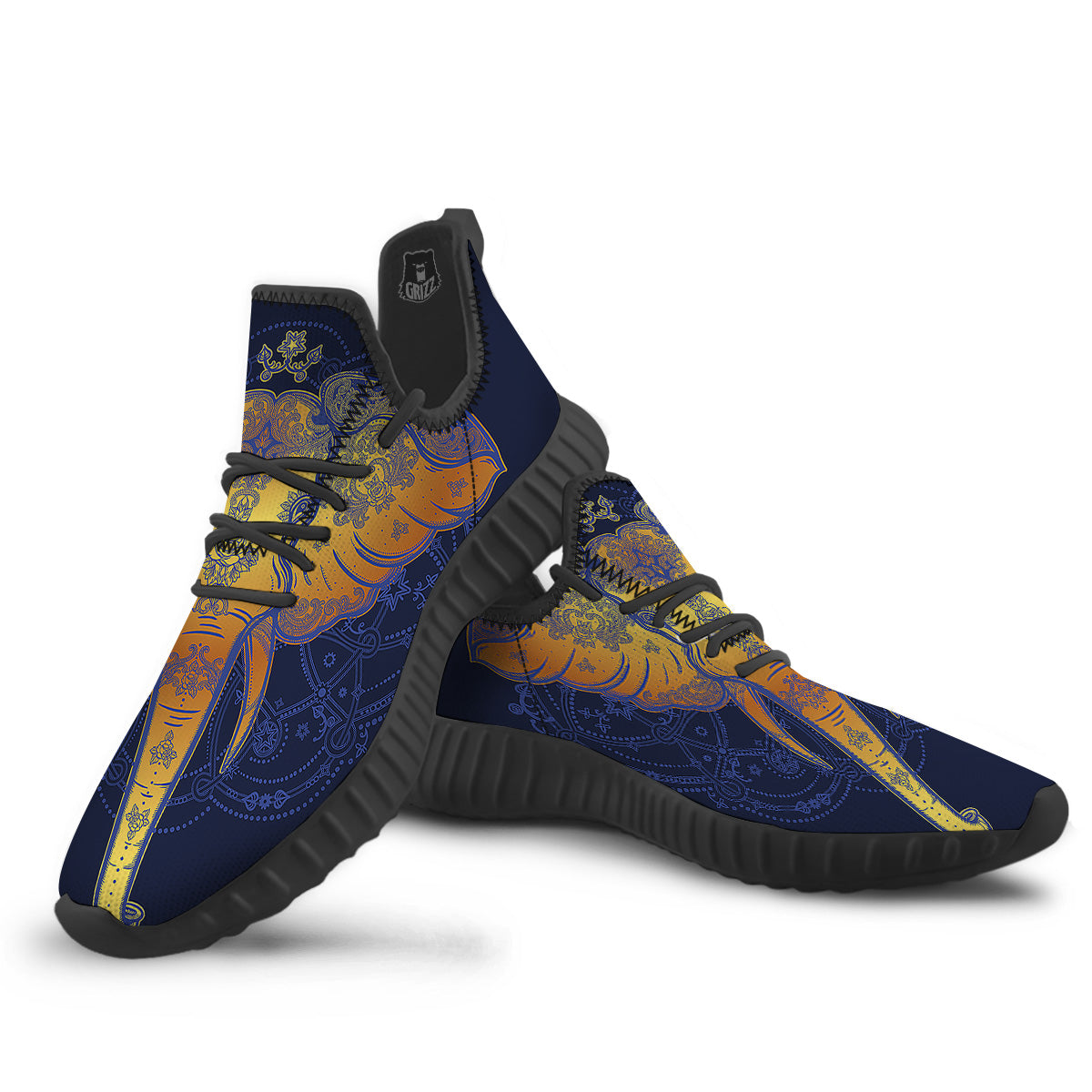 Tribal Elephant Gold And Blue Print Black Walking Shoes-grizzshop