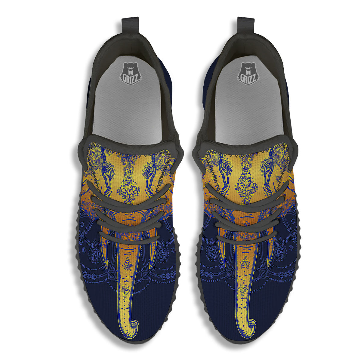 Tribal Elephant Gold And Blue Print Black Walking Shoes-grizzshop