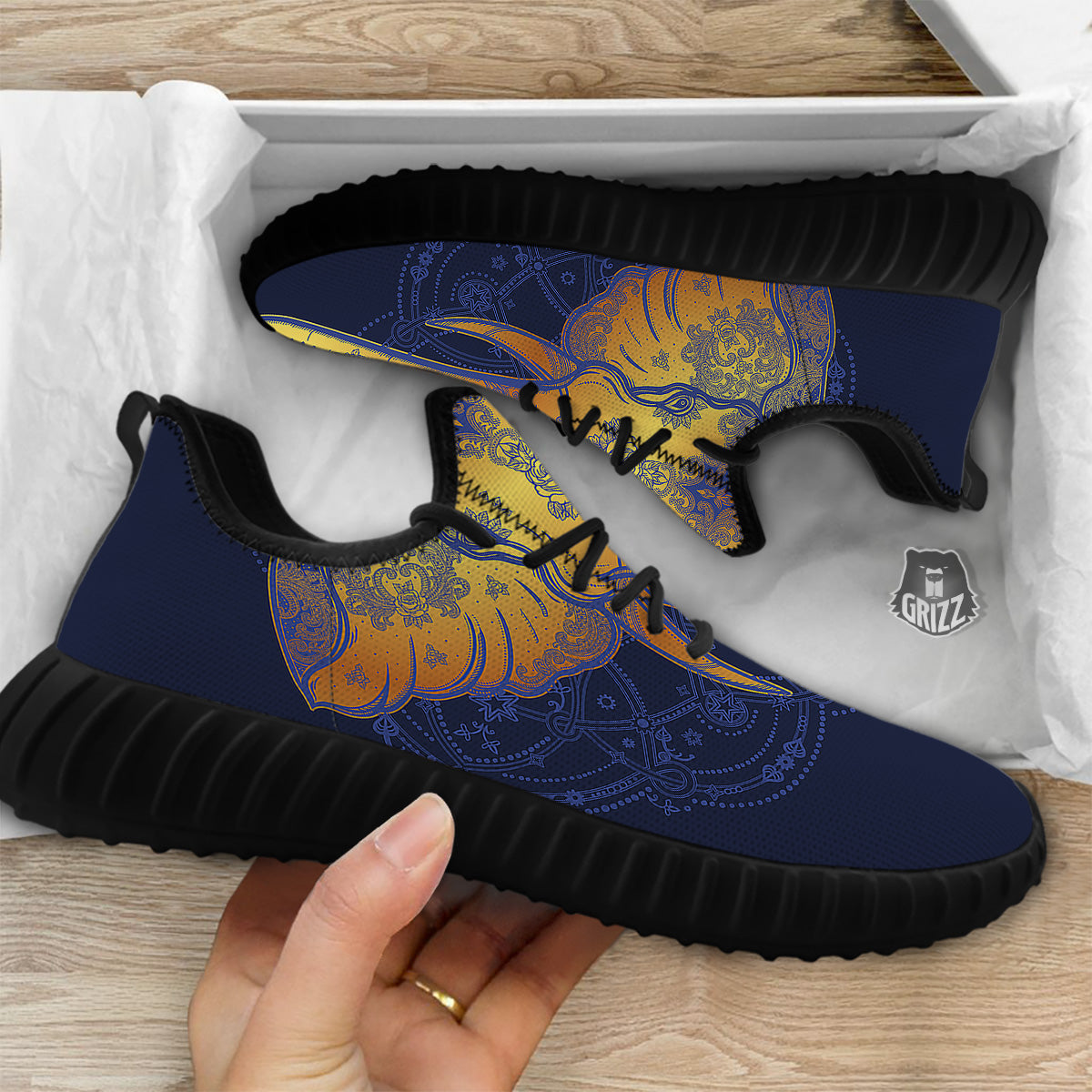 Tribal Elephant Gold And Blue Print Black Walking Shoes-grizzshop