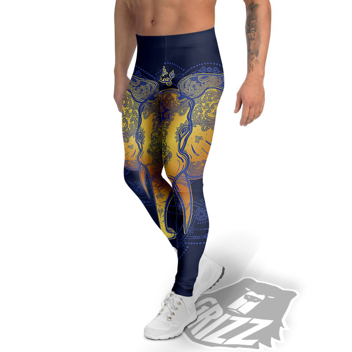 Tribal Elephant Gold And Blue Print Men's Leggings-grizzshop