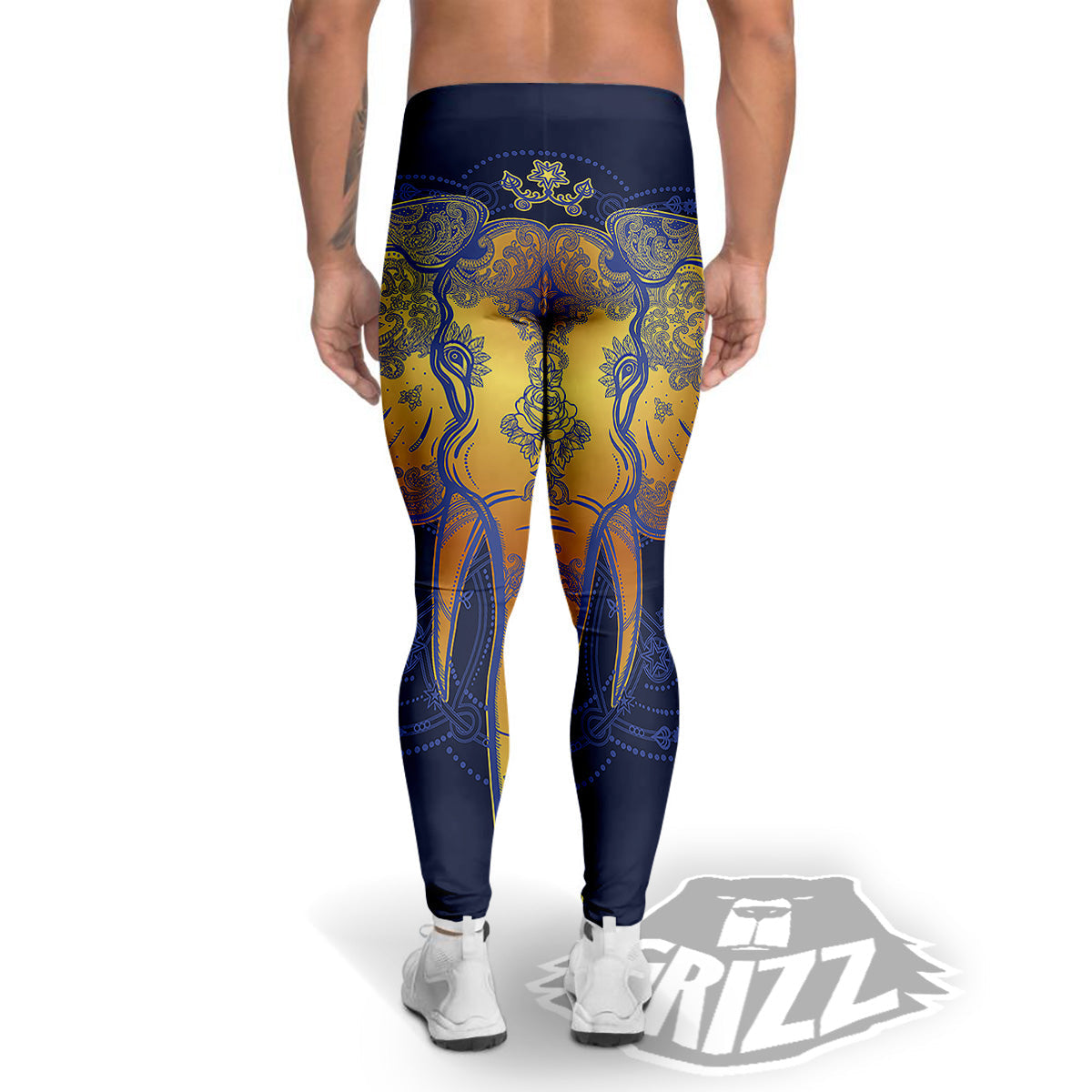 Tribal Elephant Gold And Blue Print Men's Leggings-grizzshop