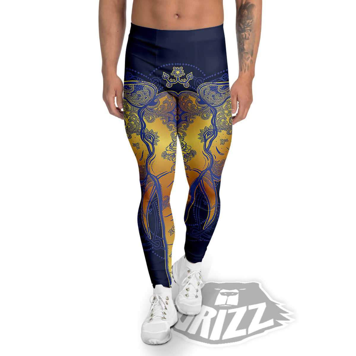 Tribal Elephant Gold And Blue Print Men's Leggings-grizzshop