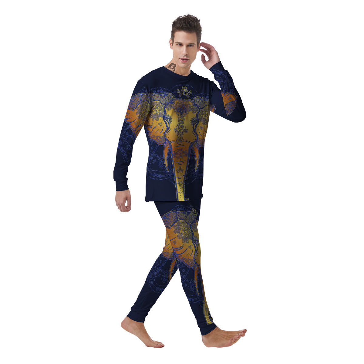 Tribal Elephant Gold And Blue Print Men's Pajamas-grizzshop