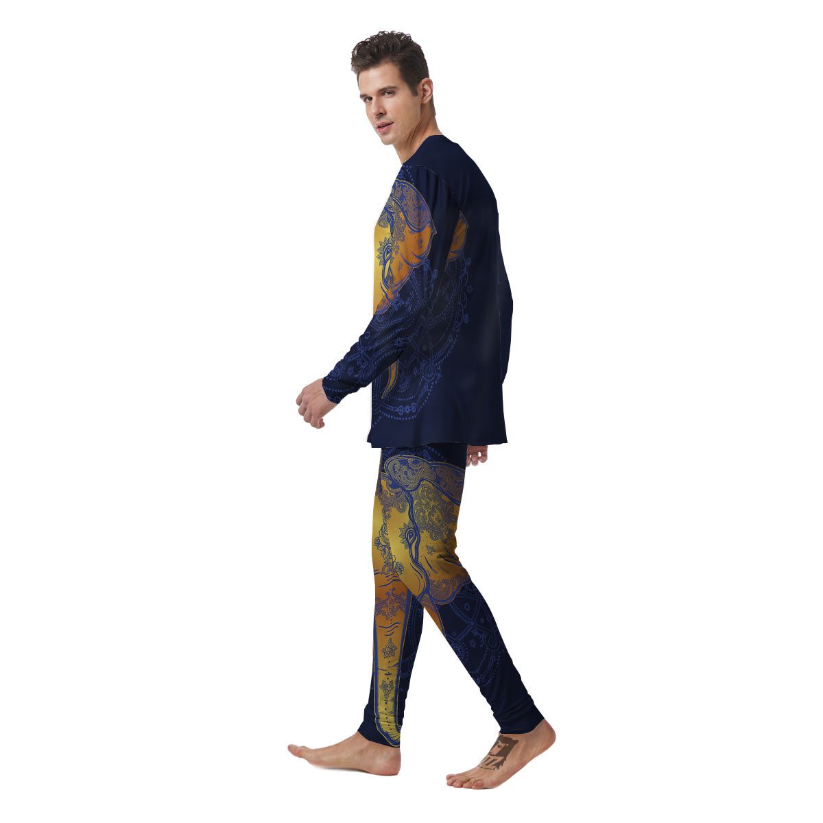 Tribal Elephant Gold And Blue Print Men's Pajamas-grizzshop