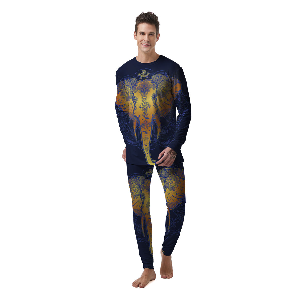 Tribal Elephant Gold And Blue Print Men's Pajamas-grizzshop