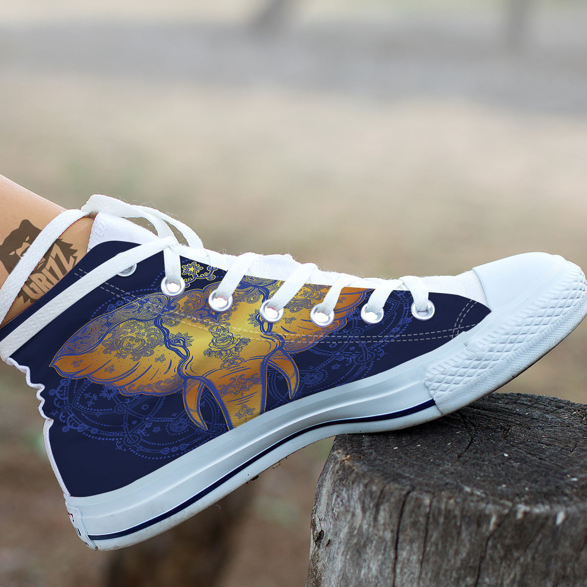 Tribal Elephant Gold And Blue Print White High Top Shoes-grizzshop
