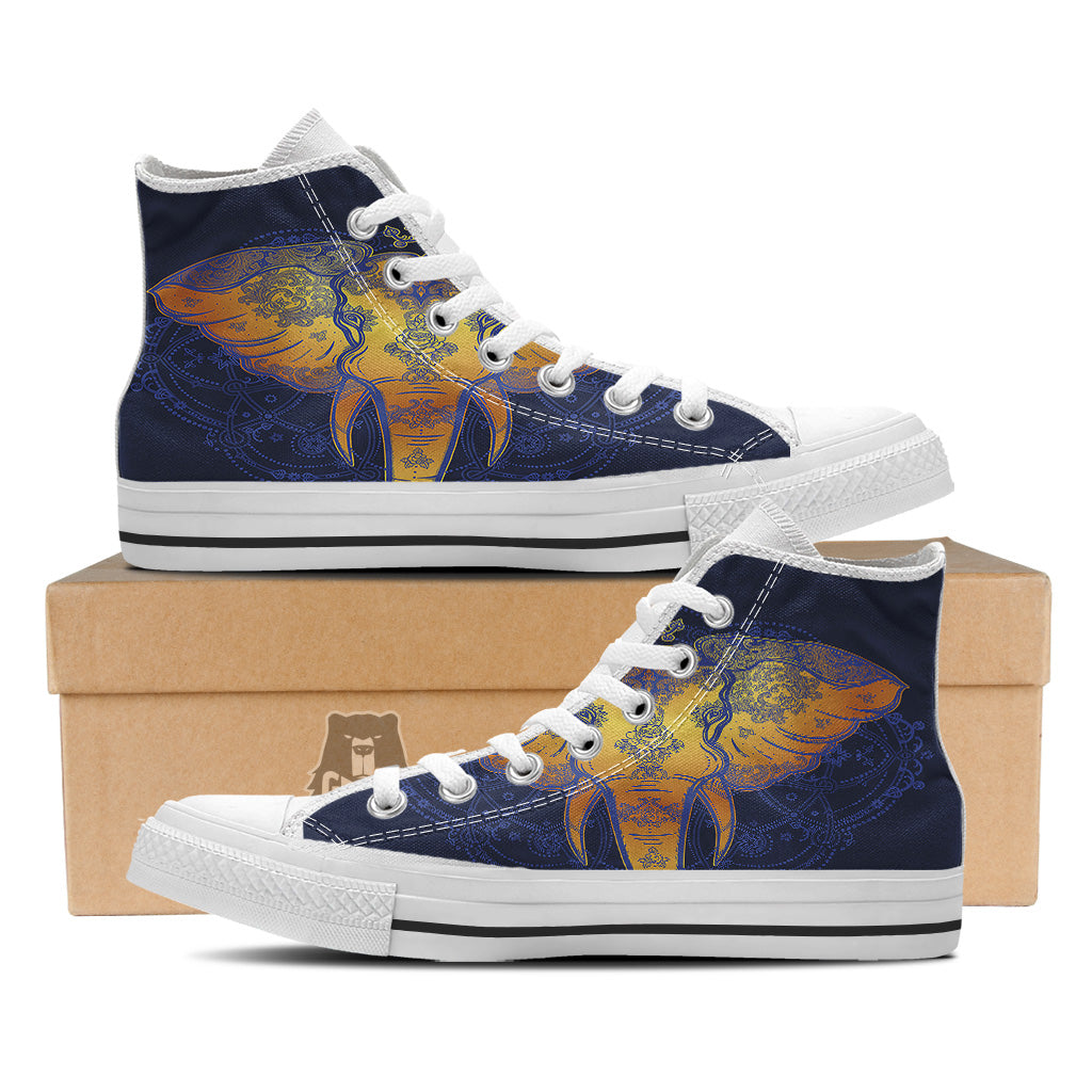 Tribal Elephant Gold And Blue Print White High Top Shoes-grizzshop