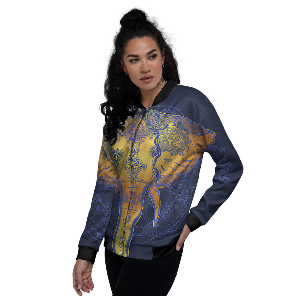 Tribal Elephant Gold And Blue Print Women's Bomber Jacket-grizzshop