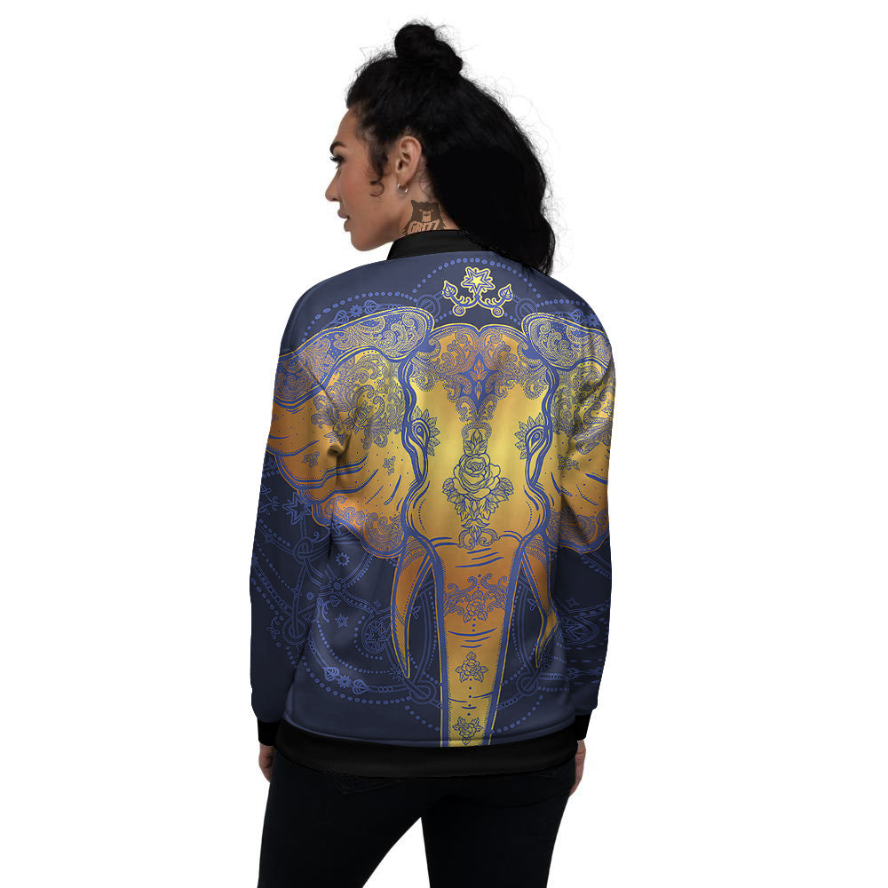 Tribal Elephant Gold And Blue Print Women's Bomber Jacket-grizzshop