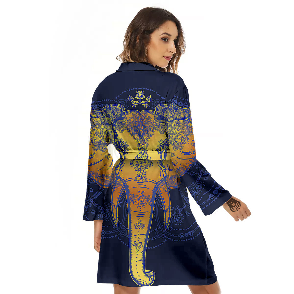 Tribal Elephant Gold And Blue Print Women's Robe-grizzshop