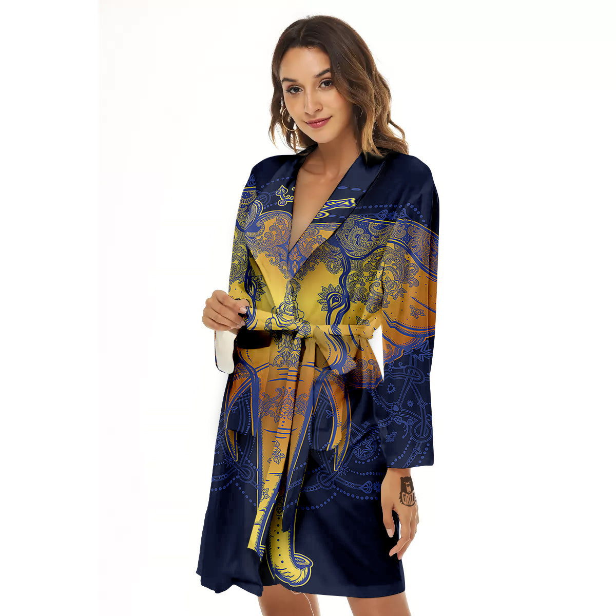 Tribal Elephant Gold And Blue Print Women's Robe-grizzshop