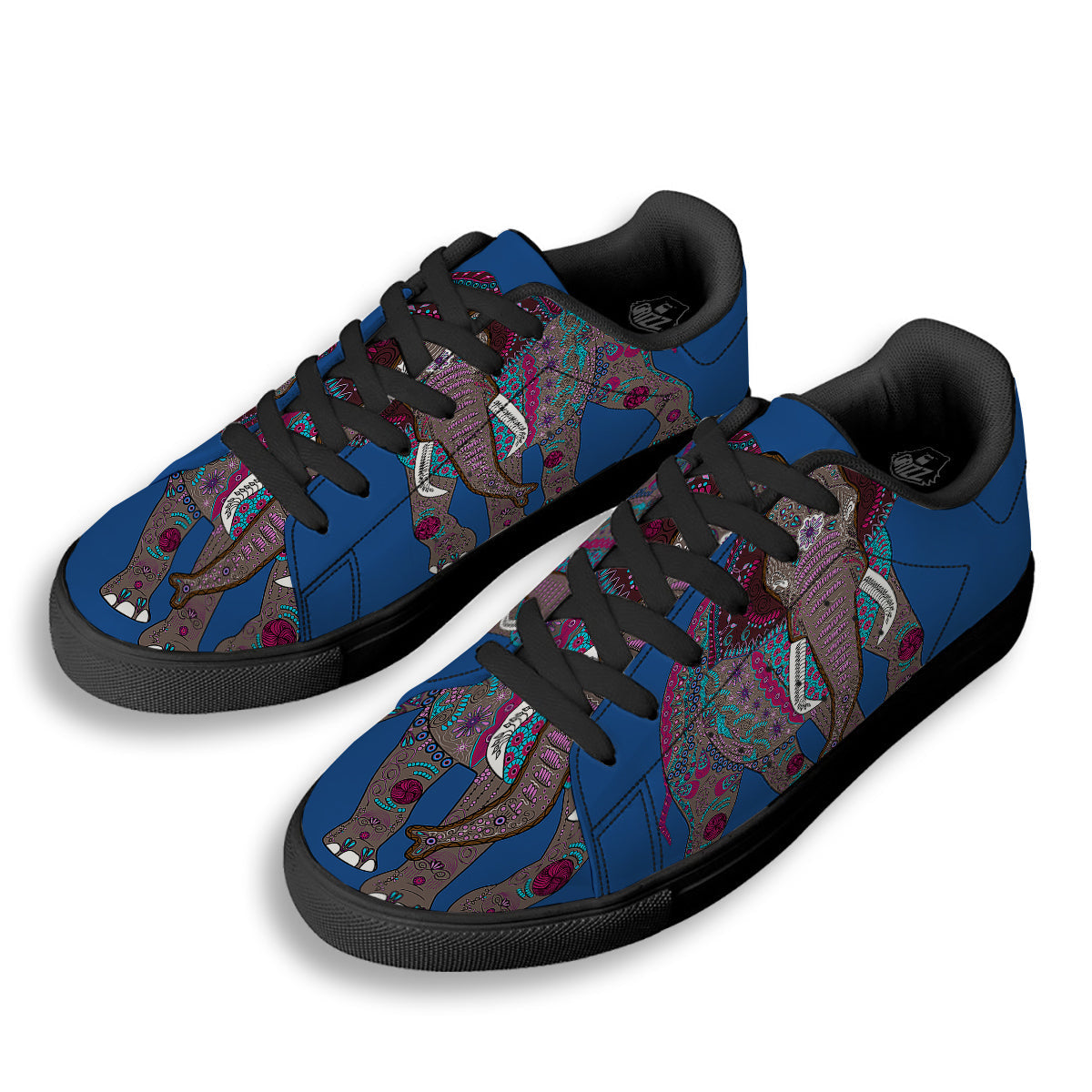 Tribal Elephant Indian Cute Print Black Low Top Sneakers-grizzshop