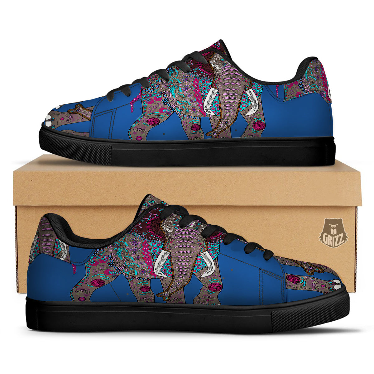 Tribal Elephant Indian Cute Print Black Low Top Sneakers-grizzshop