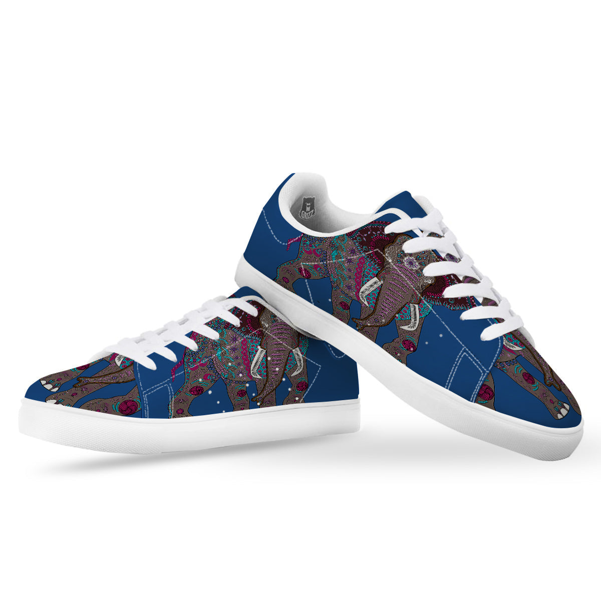 Tribal Elephant Indian Cute Print White Low Top Sneakers-grizzshop